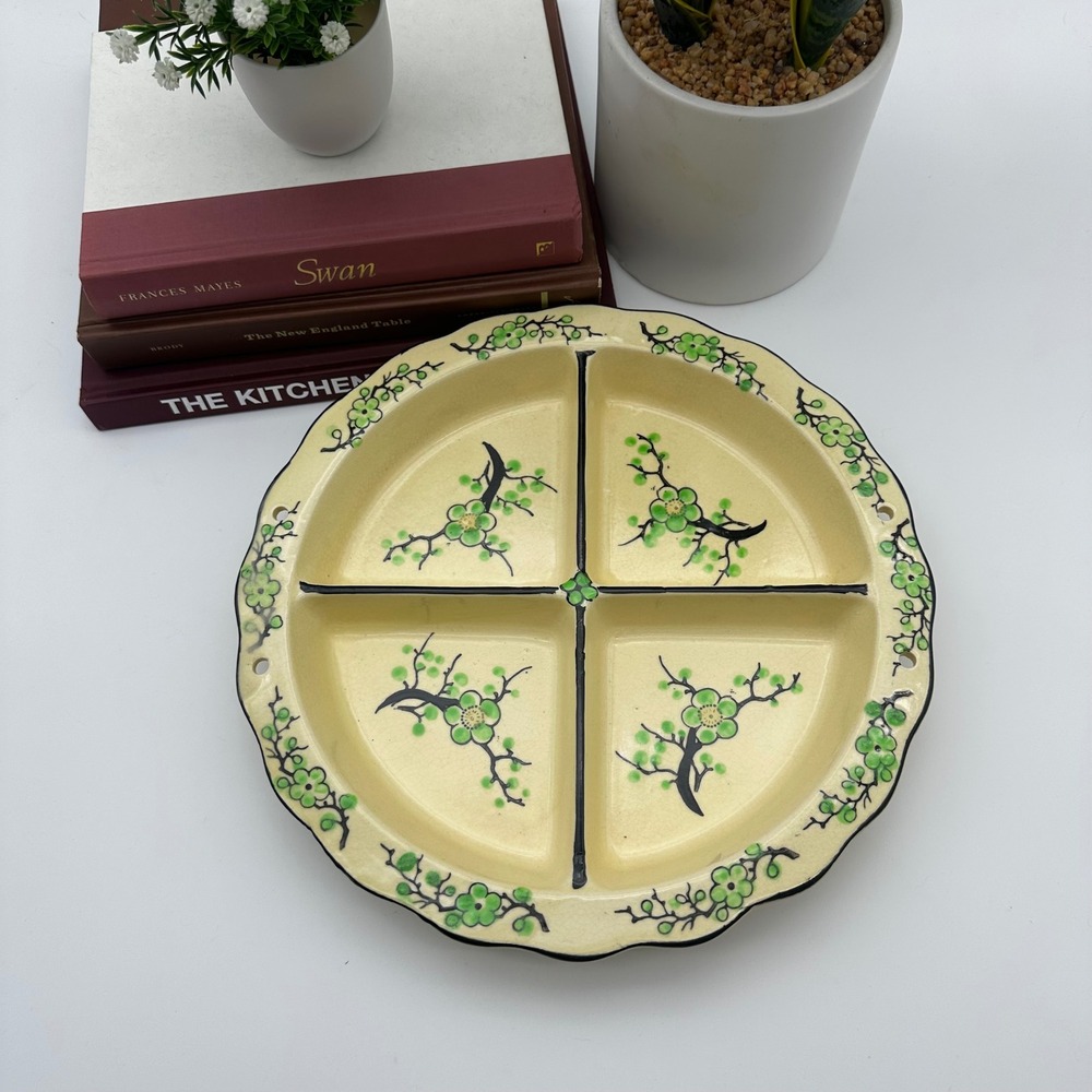 Vintage Moriyama Hand Painted Japan Green Floral Divided Relish Dish 11"